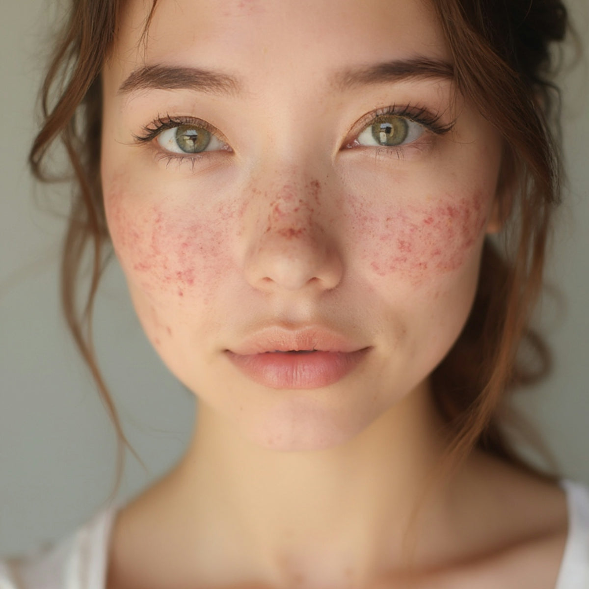 A person with green eyes and freckles across their cheeks and nose